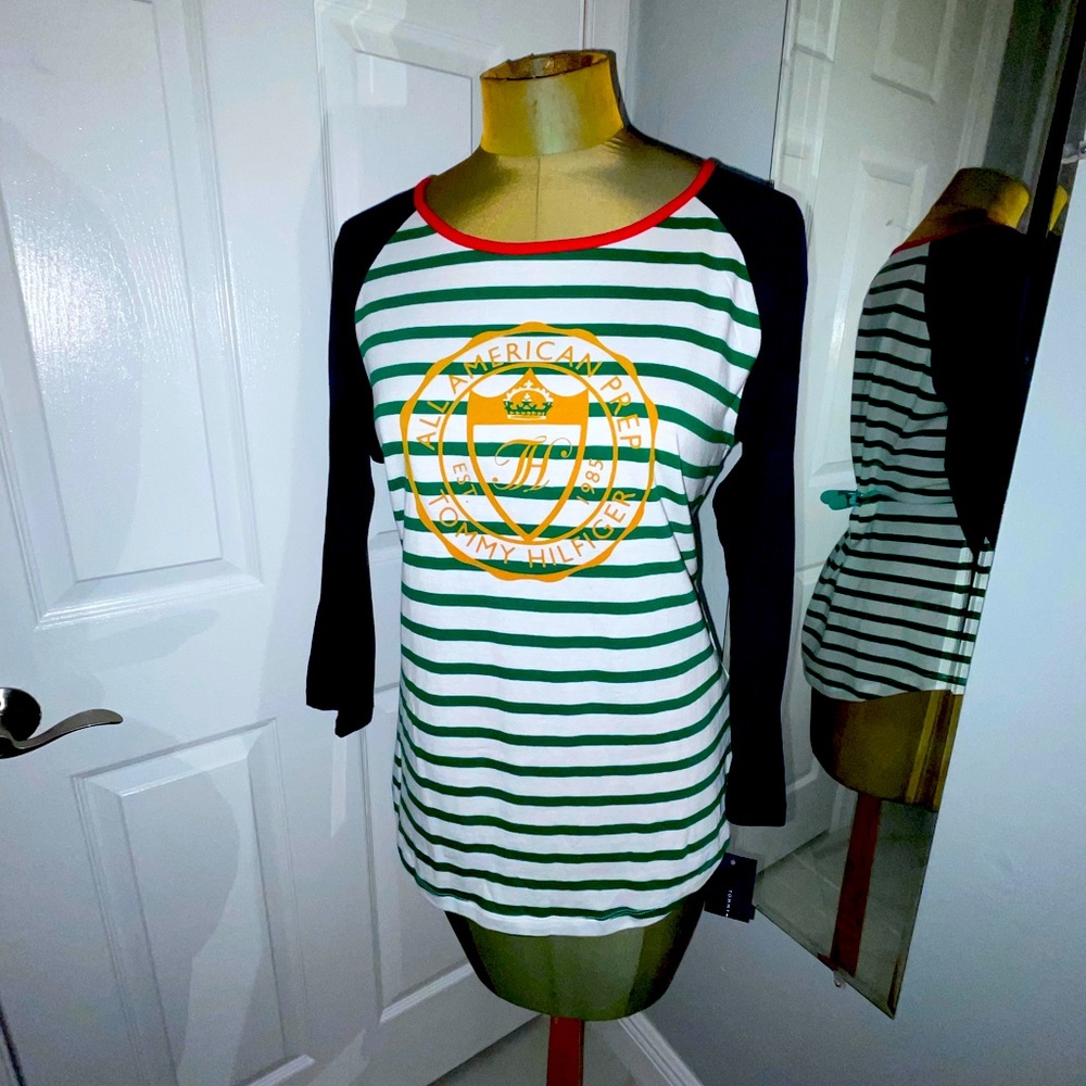 Green and white stripe with blue sleeves